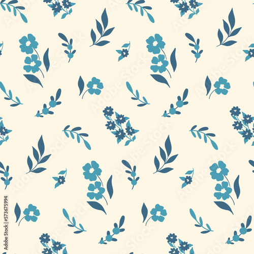 Seamless floral pattern, cute rustic ditsy print. Simple botanical design with blue hand drawn plants: small flowers, leaves, twigs on a white background. Vector illustration.