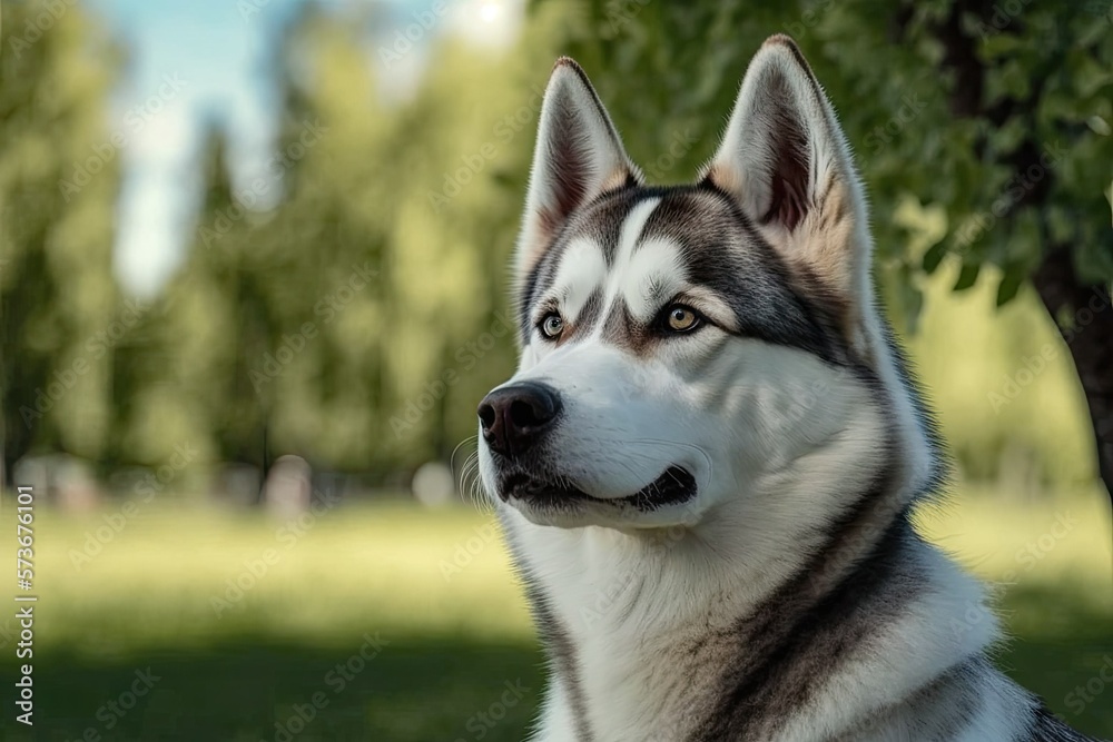 A husky from Siberia poses for a portrait in a summer park. Generative AI
