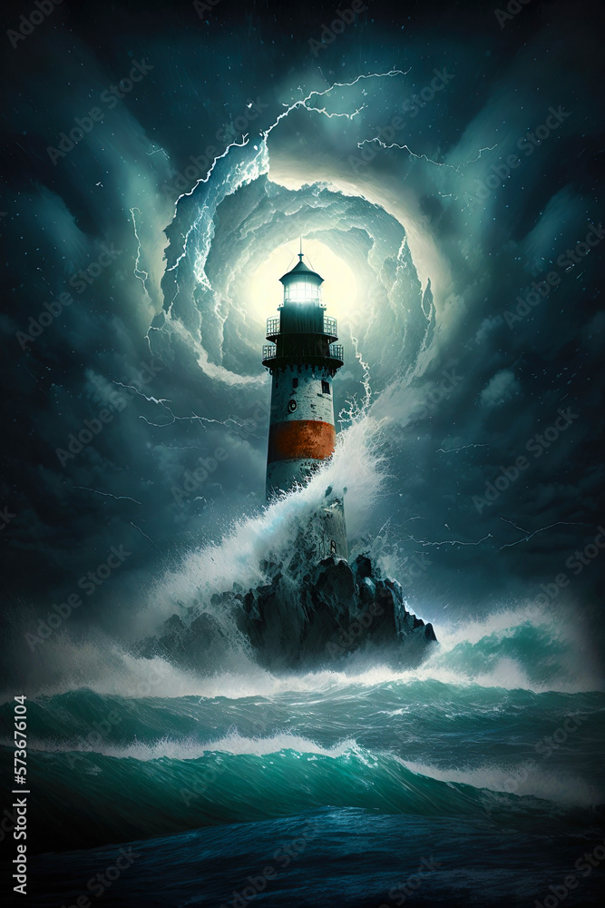 Lighthouse in a storm with thunder, lightning, full moon and big waves. Digital illustration and epic ocean landscape. Generative AI