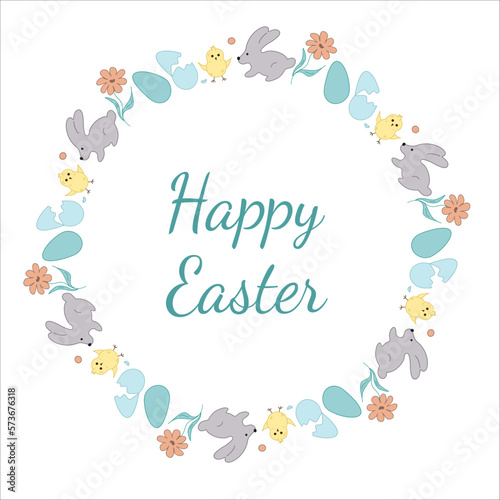 Easter wreath. Rabbit, flowers, chicken, eggs. Doodle vector illustration. Happy Easter lettering.