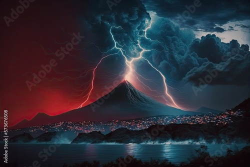 Lightning and thunder this evening. The night sky over a Mediterranean city is dark and stormy. The mountain is in the front, while the sea can be made out in the background, where distant thunder can