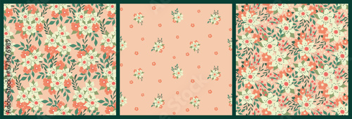 Seamless floral pattern with small cute flowers in the set. Liberty ditsy print, pretty botanical design with tiny hand drawn flowers, leaves in bunches on pink background. Vector illustration.