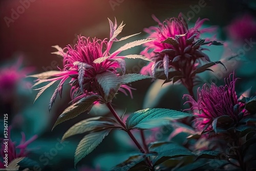 Plants of the monarda didyma species  commonly known as bee balm  glow bright pink in the early morning light. Generative AI