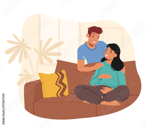 Maternity, Parenting Concept. Happy Couple Of Husband And Wife Prepare Become Parents. Man Embracing Pregnant Woman
