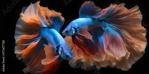 Couple Colorful Siamese fighting fish, Aquatic Exotic Tail. Isolated Dark Background - Generativ ai 