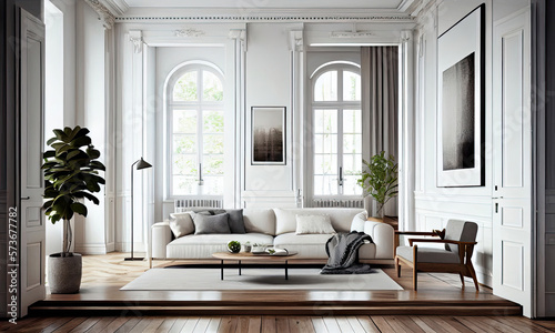 Stylish living room in light colors, Scandinavian style, generative AI © Enigma