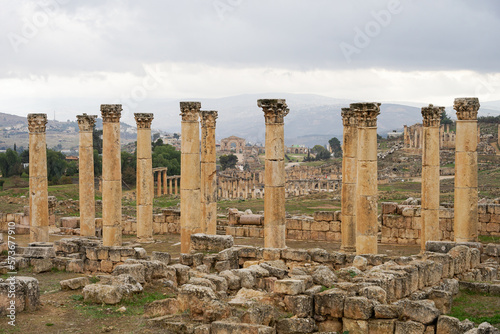 Jerash ruins of famous Roman City, Jordan, well preserved pillars of temple photo