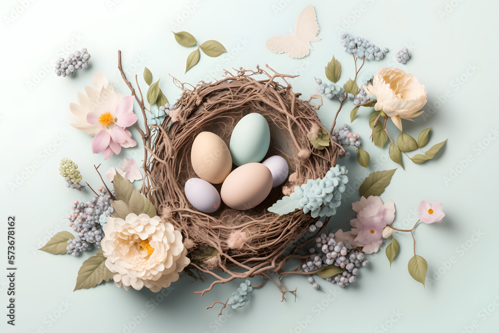 Easter illustration with nest, blue and beige eggs, flowers and leaves. Spring card in plasticine style in neutral pastel colors on light background. Generative AI. Easter illustration with nest, blue and beige eggs, flowers and leaves. Spring card in plasticine style in neutral pastel colors on light background. Generative AI.
