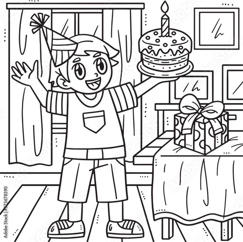 Birthday Boy Holding a Cake Coloring Page for Kids