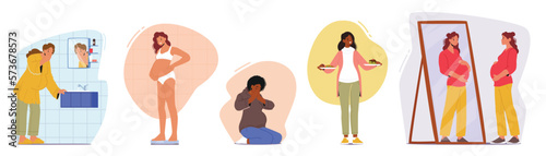 Pregnant Women in Different Situations Concept. Female Characters on Various Stages of Pregnancy Vector Illustration
