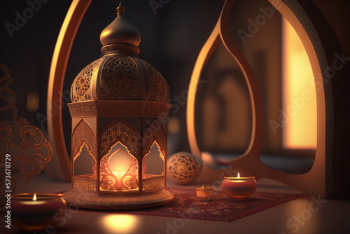 Ramadan Kareem greeting composition with Islamic lantern in night scene. Created with Generative AI technology.