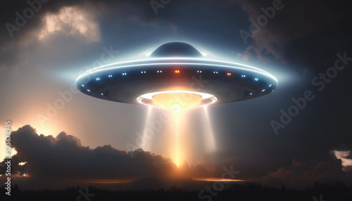 Ufo and aliens invasion concept with alien spaceship, created with Generative AI technology.