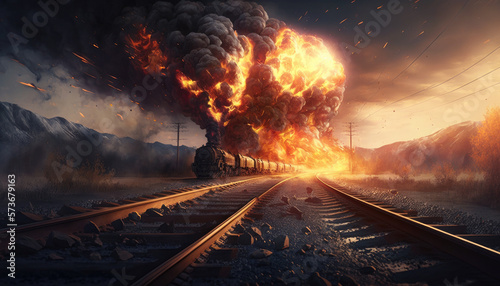 Background illustration of a railroad train on fire on the tracks after a possible derailment and explosion.