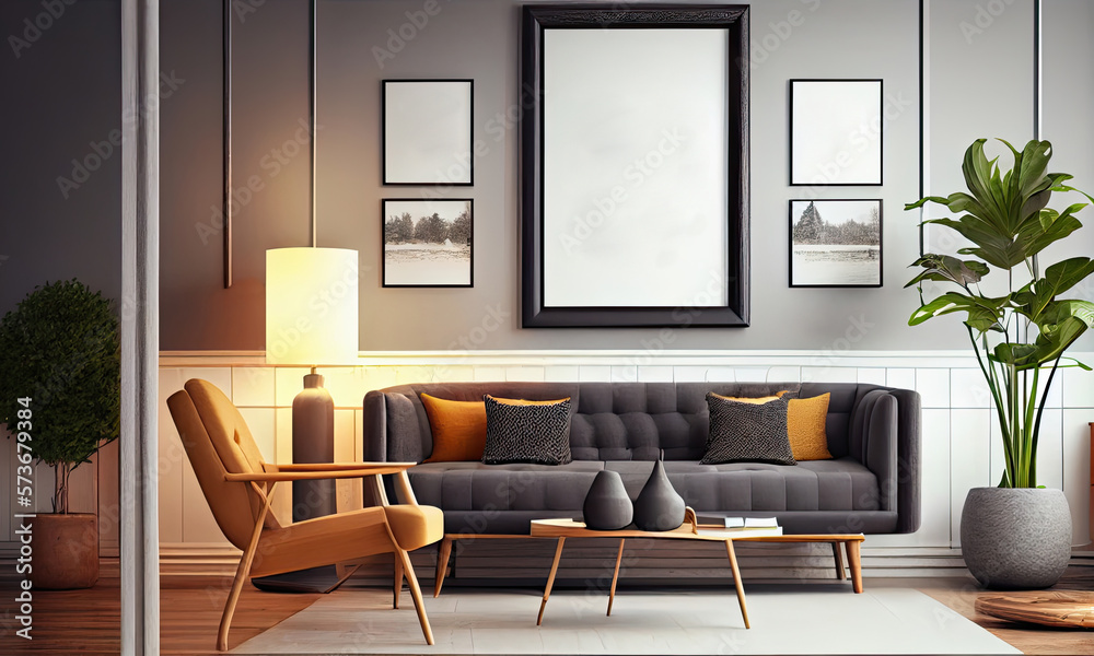 Stylish living room in light Scandinavian style, empty vertical picture frame, mockup in a modern style, generative AI Stylish living room in light Scandinavian style, empty vertical picture frame, mockup in a modern style, generative AI