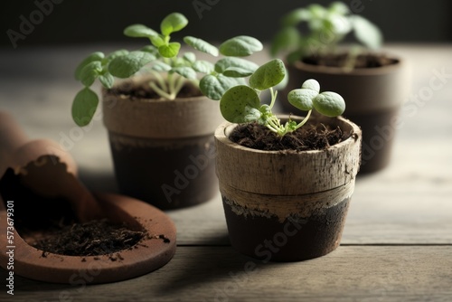 Close up of biodegradable potted vegetable and herb seedlings on a wooden table. Home germination, urban gardening, and indoor gardening. Generative AI
