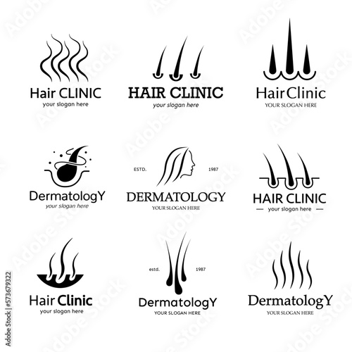 Hair clinic vector logo set black color flat style isolated on white background for trasplantation, cosmetics shop, natural medicine. makeup. 10 eps