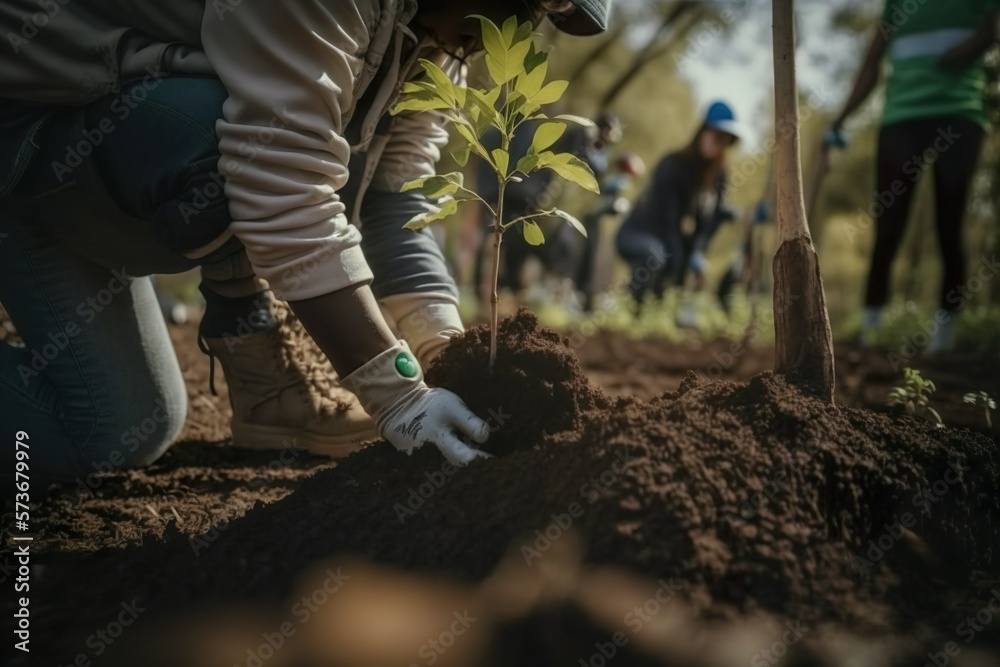 Man planted seedling young tree into the soil. Rehabilitation of natural resources to help world from global warming. Green environment. Generative AI