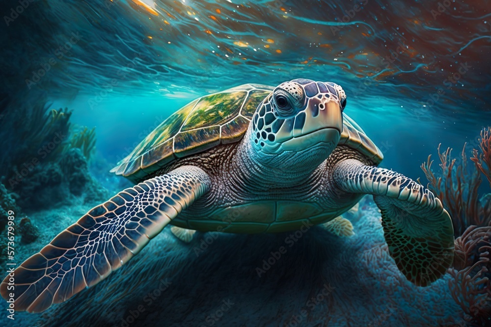 Obraz premium Underwater Beauty: Graceful Sea Turtle Generative AI