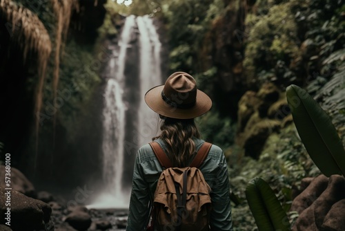 Adventure in the Wilderness: A Woman's Journey to the Hidden Waterfall Generative AI © Radomir Jovanovic