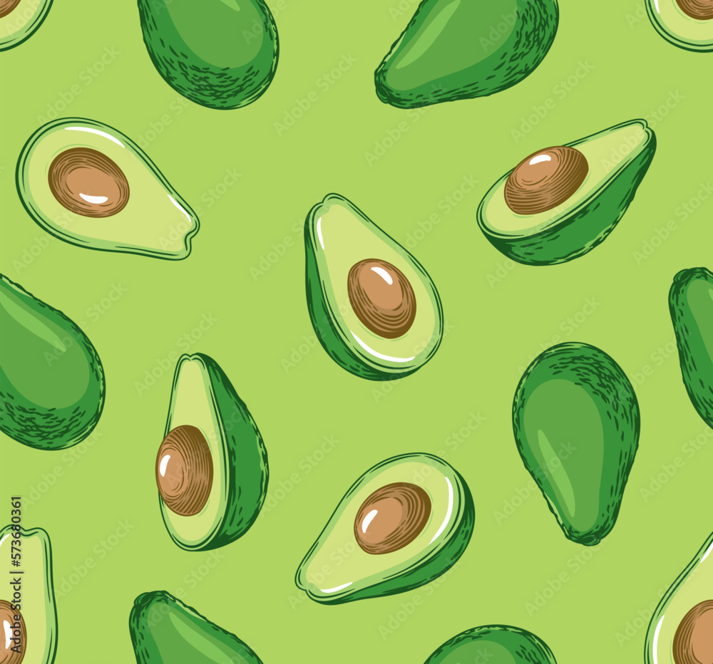 Seamless pattern with avocado. Healthy vegan food. Vector hand drawn illustration for textile, food packaging and cosmetics. 