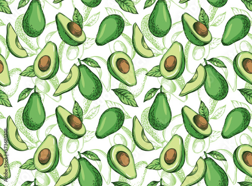 Seamless pattern with avocado. Healthy vegan food. Vector hand drawn illustration for textile, food packaging and cosmetics.