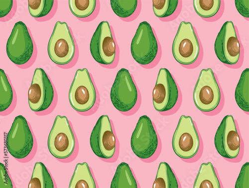 Seamless pattern with avocado. Healthy vegan food. Vector illustration.