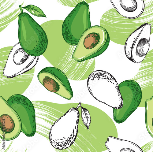 Seamless pattern with avocado. Healthy vegan food. Vector hand drawn illustration for textile, food packaging and cosmetics. 