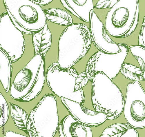 Seamless pattern with avocado. Healthy vegan food. Vector monochrome hand drawn illustration.