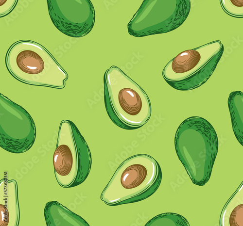 Seamless pattern with avocado. Healthy vegan food. Vector hand drawn illustration for textile, food packaging and cosmetics. 