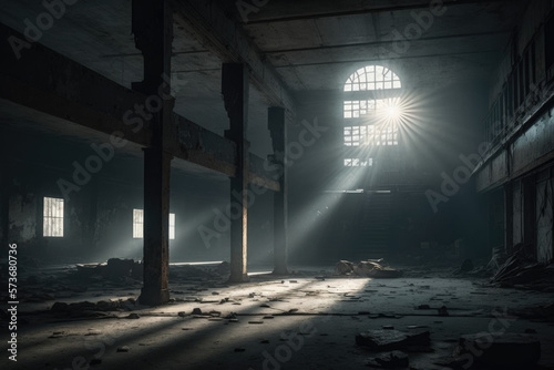 Fototapet a run-down, abandoned warehouse sitting alone in the midst of a barren wasteland