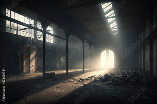  run-down, abandoned warehouse sitting alone in the midst of a barren wasteland. The atmosphere of the image is one of loneliness and despair, with a thick layer of dust covering every surface. AI 