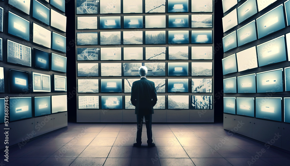 Unrecognizable man wearing suit standing looking news inside of room full of televisions broadcasting channels. Information overload and fake news concept. Generative AI. - obrazy, fototapety, plakaty 