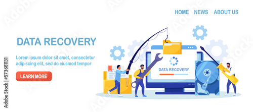 Tiny Characters in Worker Uniform Repairing HDD. Restoration Process. Data Recovery Service, Data Storage Backup and Protection. Hardware Disk Repair Service. Documents, Database Security