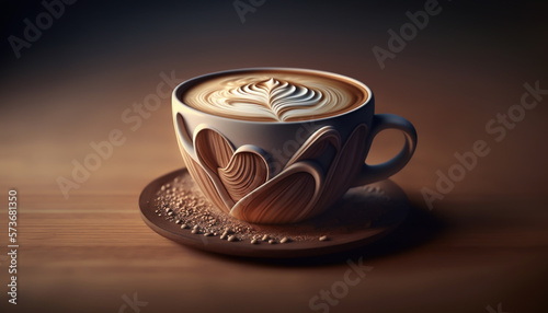 cup full of expresso coffe  wiht latte art  abstract  illustration  in a wooden background  generative ai