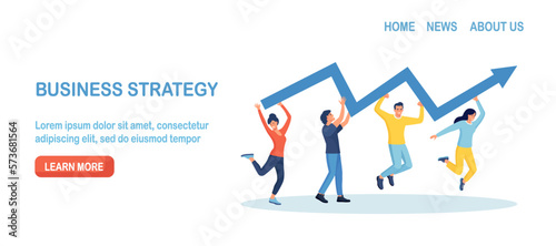 Teamwork to help improve working and achieve success. Cooperate to increase work efficiency. Business people run with arrow to reach goal. Team strategy help growing achievement. Strategic planning
