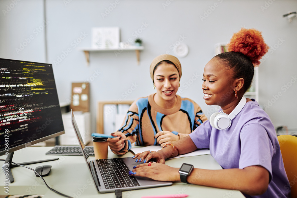 Side view portrait of two young women working on software development project together and smiling happily - obrazy, fototapety, plakaty 