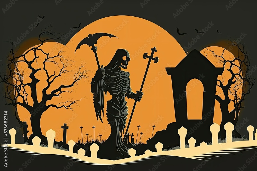 Naklejka premium A silhouette of a death reaper standing in a cemetery. Generative AI