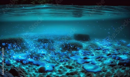  a underwater view of rocks and water with blue lights on them. generative ai