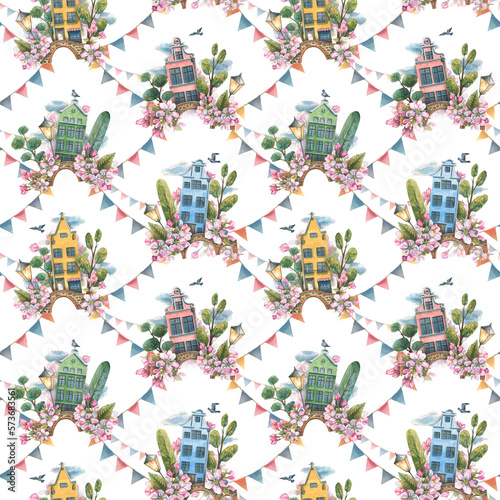 A cute houses with trees, a bridge, a lantern, a pigeon, clouds and apple blossoms. Watercolor illustration. Spring seamless pattern from the collection of EUROPEAN HOUSES. For the fabric, wallpaper