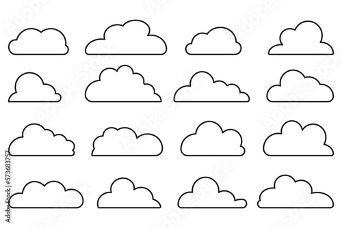 Clouds line art icon. Editable stroke. Storage solution element, databases, networking, software image, cloud and meteorology concept. Vector line art illustration isolated on white background.