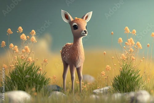 Print op canvas Cute Cartoon Baby Deer in a Spring Meadow (Created with Generative AI)