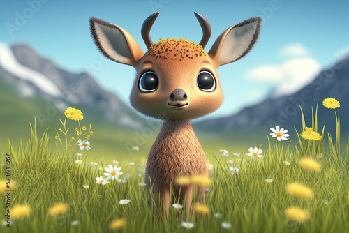 Cute Cartoon Baby Deer in a Spring Meadow (Created with Generative AI)