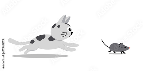 Grey kitty chases a mouse. Cat, kitten runs a mouse. Flat, cartoon, vector