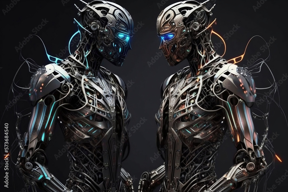 Cyborgs staring and mirroring each other, glowing blue eyes Cyborgs staring and mirroring each other, glowing blue eyes