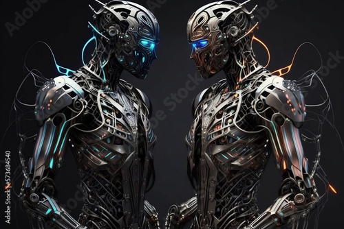 Cyborgs staring and mirroring each other, glowing blue eyes