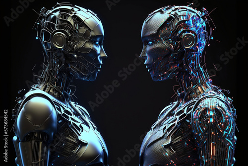 two cyborgs staring at each other, black background 