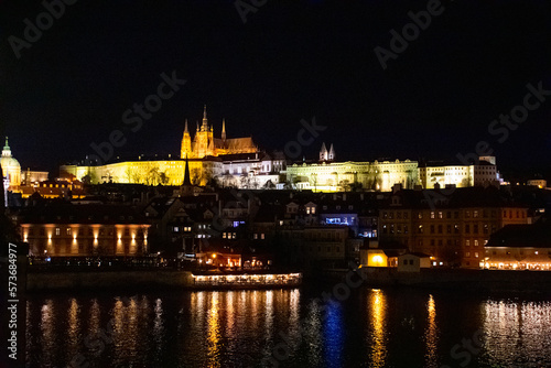 Aerial view of buildings and river in City centre of Prague  Czech Republic.   