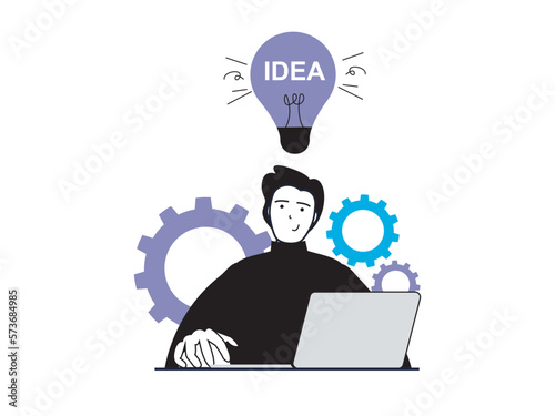 Startup concept with character situation. Man generates ideas and solutions for starting new business and working on project on laptop. Vector illustration with people scene in flat design for web