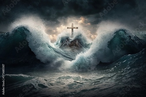 Cross in the middle of a big wave in the ocean saving cross of Jesus Christ design for Easter generative ai