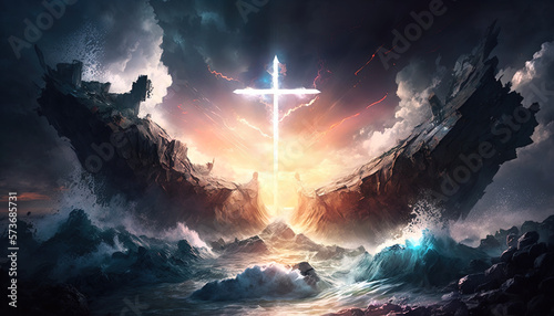 Abstract landscape showing the power of prayer with an archway exploding with energy and a Christian Cross symbol. Generative Ai.